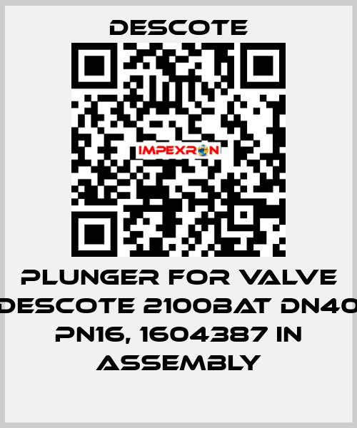 Plunger for valve Descote 2100BAT DN40 PN16, 1604387 in assembly Descote